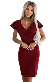 479-7 NINA rochie elegantă cu decolteu petrecut, mâneci și curea - BORDO