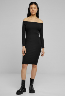 Ladies Off Shoulder Longsleeve Rib Dress black