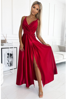 498-4 Rochie lungă din satin cu decolteu și bretele duble - ROȘIE