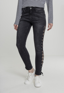 Ladies Denim Lace Up Skinny Pants black washed