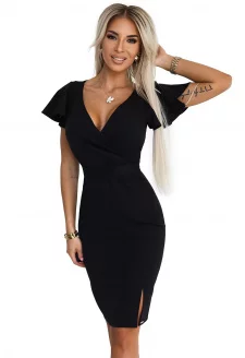 479-9 NINA rochie elegantă cu decolteu petrecut, mâneci și curea - NEAGRĂ