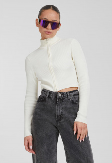 Ladies Cropped Rib Knit Zip Cardigan whitesand