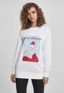 Ladies Merry Christmas Cat Crewneck white