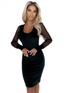 343-2 Rochie elegantă din catifea cu mânecă transparentă - NEAGRĂ